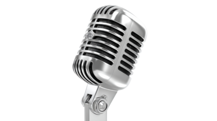 Vintage chrome microphone with classic design ideal for music recording and broadcast applications, conveying a sense of history and quality sound for audio productions.