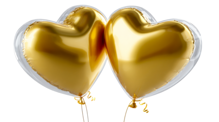 Pair of elegant gold heart shaped balloons enclosed in clear bubbles, perfect for celebrating love, romance, anniversaries, or Valentines Day with a luxurious touch.