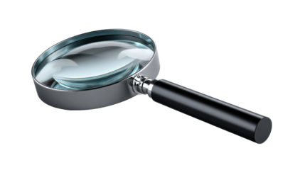 Magnifying glass with sleek metallic frame and black handle for detailed examination and close inspection applications in research and analysis