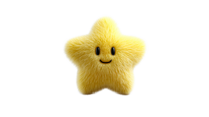 Fluffy yellow star with a happy face, perfect for childrens themes, games, and joyful media projects.