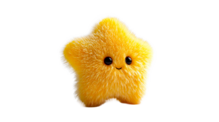 Adorable fluffy yellow star character with big black eyes and a happy smile, perfect for childrens books, playful logos, and cheerful holiday decorations.