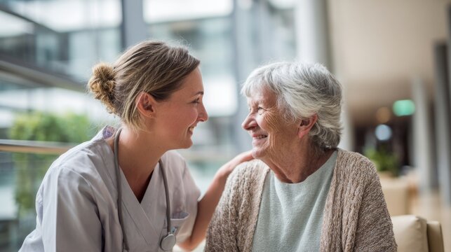 Nurse providing compassionate care to an elderly woman smiling