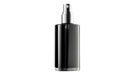 Sleek black spray bottle with metallic silver nozzle and cap, ideal for cosmetic or perfume product presentation and advertising campaigns.