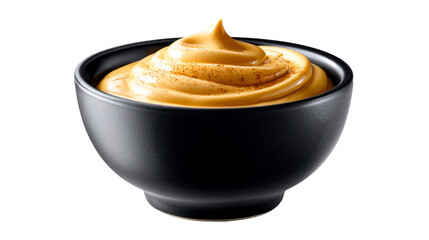 Creamy golden cheese sauce with spices in a black bowl presented as a luxurious food item for culinary use in restaurants and recipe creation