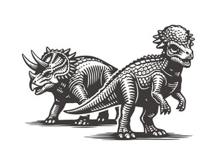 Two prehistoric herbivore dinosaurs illustrated in a vintage woodcut style. © Alex