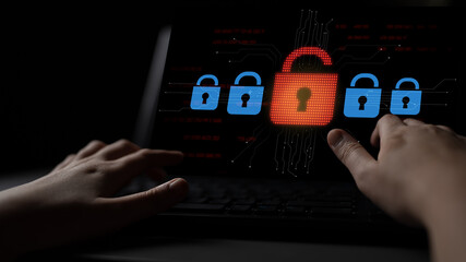 Digital security concept illustrating a cybersecurity breach, with a red unlocked padlock indicating data exposure among secure systems, emphasizing system vulnerability and risk Latch