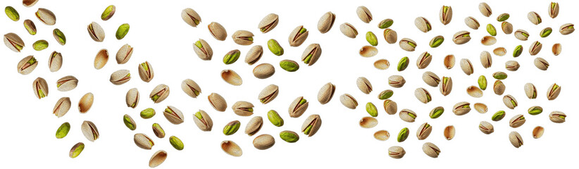Mixed Pistachio Nuts Scattered Pattern Isolated on White Background