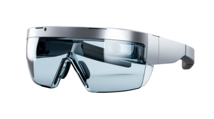 Futuristic augmented reality glasses with advanced technology and transparent lenses, ideal for immersive experiences and virtual integration in professional settings.