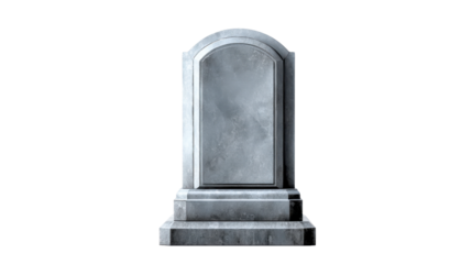 A weathered gray stone tombstone with an arched top sits on a multitiered base, perfect for memorial services, cemetery imagery, or themes of remembrance and loss.