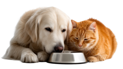 Golden Retriever dog and ginger cat sharing a meal from a stainless steel bowl in a studio setting, representing friendship and companionship for pet food advertising or animal care themes.