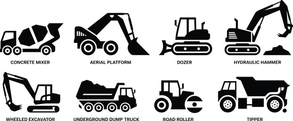 Construction machinery silhouette icon set, heavy equipment vehicles including concrete mixer excavator dozer road roller tipper, black vector illustration isolated © SreeShoyagini