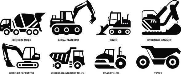 Construction machinery silhouette icons set, heavy equipment vehicles including concrete mixer dozer excavator road roller tipper, black vector illustration isolated © SreeShoyagini