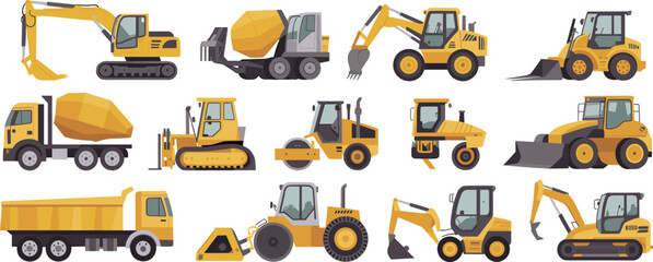 Construction machinery vector illustration set of excavators loaders dump trucks rollers bulldozers heavy equipment icons isolated on white background design