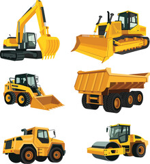 Construction machinery vector set featuring excavator bulldozer skid steer dump truck roller heavy equipment vehicles isolated on white background © SreeShoyagini