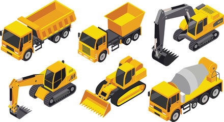 Heavy construction machinery vector illustration collection with dump trucks excavators loaders concrete mixer vehicles for industrial infrastructure building projects © SreeShoyagini