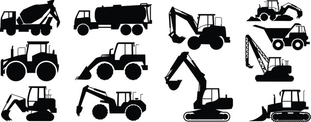 Heavy construction machinery silhouette icons set, excavator loader bulldozer truck vehicles collection, industrial engineering equipment, roadwork and mining, flat vector illustration isolated © SreeShoyagini