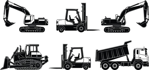 Heavy construction machinery vector set, excavator forklift bulldozer dump truck silhouettes, industrial equipment icons collection for engineering and building projects © SreeShoyagini