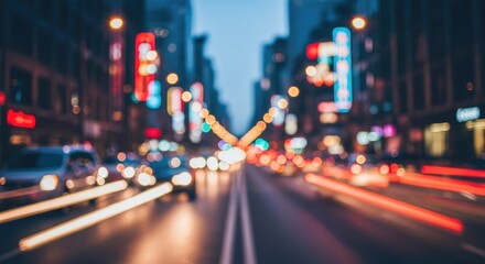 A bustling city street at night with blurred lights and neon signs, creating a vibrant and dynamic urban atmosphere.
