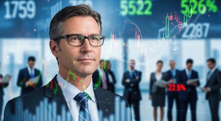 A man in a suit with a business background, surrounded by a diverse group of business professionals.
