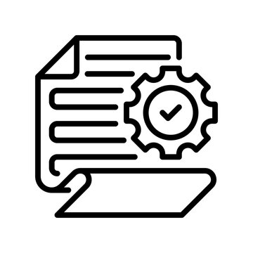 Paper with Gear Line Icon, Outline Symbol for System Settings, Configuration Documentation, Process Adjustment, Technical Specification, and Workflow Setup. Vector Sign Icon.
