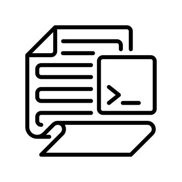 Paper with Terminal Line Icon, Outline Symbol for Technical Documentation, Code Reference, Programming Guide, System Manual, and Software Instruction. Vector Sign Icon.
