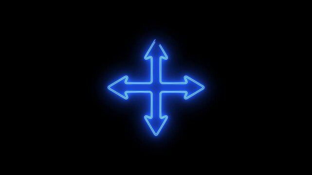 Glowing neon arrows icon showing four directions (up, down, left, right) on a dark background. Modern futuristic design ideal for navigation systems, user interface, decision-making concepts, and digi