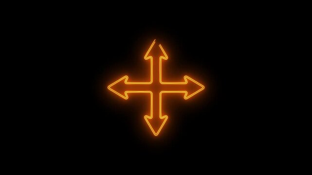 Glowing neon arrows icon showing four directions (up, down, left, right) on a dark background. Modern futuristic design ideal for navigation systems, user interface, decision-making concepts, and digi