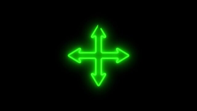 Glowing neon arrows icon showing four directions (up, down, left, right) on a dark background. Modern futuristic design ideal for navigation systems, user interface, decision-making concepts, and digi