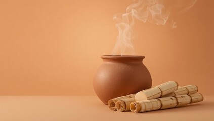 Still life featuring a steaming pot and rolled bamboo scrolls, evoking themes of traditional medicine, natural remedies, and ancient knowledge.