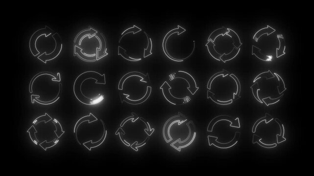 Futuristic neon circular arrow icons set representing refresh, reload, loading, sync, loop, rotation, and process cycle concepts. Glowing turquoise outline arrows on dark background, 