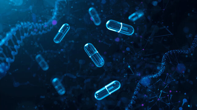 Transparent medical capsules floating with digital background and genetic symbols.