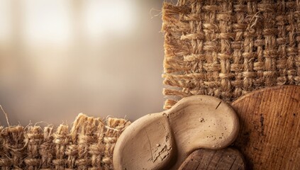 Rustic composition featuring burlap, wooden elements, and clay pieces, offering a textured and earthy aesthetic for various creative projects.