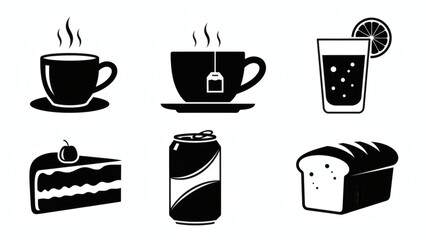 Monochrome vector icons of everyday food and beverage essentials coffee, tea, soda, cake, bread. Ideal for menus and cafe designs