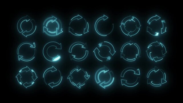 Futuristic neon circular arrow icons set representing refresh, reload, loading, sync, loop, rotation, and process cycle concepts. Glowing turquoise outline arrows on dark background, 