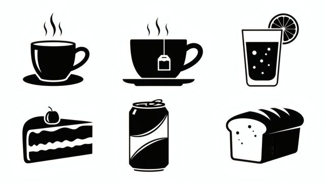 Monochrome vector icons of everyday food and beverage essentials coffee, tea, soda, cake, bread. Ideal for menus and cafe designs
