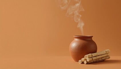 Still life of a clay pot with smoke coming out and a stack of bamboo sticks on a brown background, representing aromatherapy or traditional medicine.