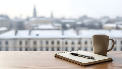 雪景色を望む窓辺のノートとマグ