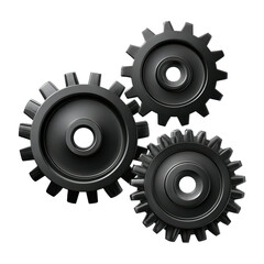 3d illustration of three interlocking black gears isolated on transparent background
