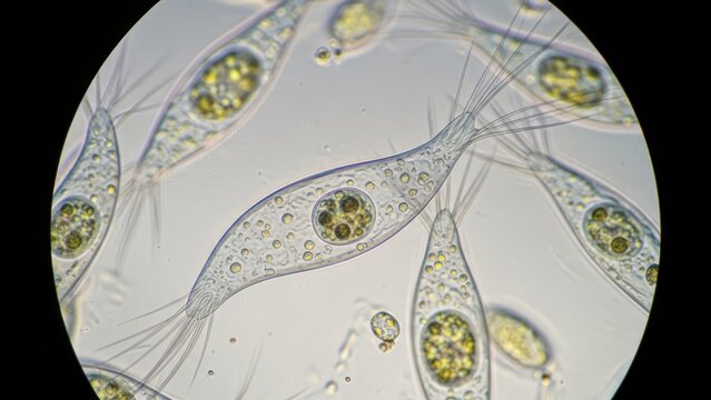 Euglena Viridis: Microscopic View of Motile Unicellular Flagellate Algae Species through a