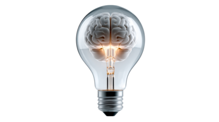 A realistic representation of a human brain glowing with light inside a glass lightbulb, symbolizing innovation, intelligence, and new ideas for business or technology concepts.