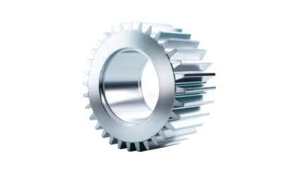 Polished metal gear with intricate teeth and central opening, ideal for mechanical, industrial, or engineering concept visuals and precision machinery themes.