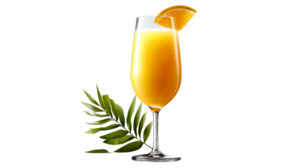 Refreshing orange cocktail in a flute glass with a fresh orange slice garnish and tropical leaf accents for summer refreshment and celebration themes