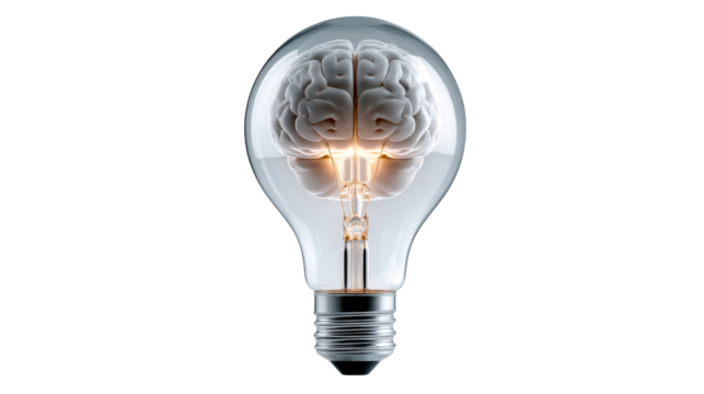 A realistic representation of a human brain glowing with light inside a glass lightbulb, symbolizing innovation, intelligence, and new ideas for business or technology concepts. - Powered by Adobe