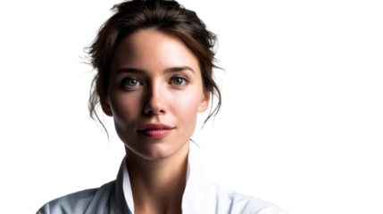 Professional woman with gentle expression and fair skin, wearing a white collar, perfect for healthcare, wellness, or corporate applications.