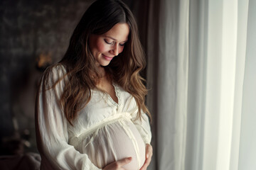 Beautiful pregnant woman touching her belly standing at home.