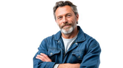 Confident middleaged man with grey beard and blue eyes wearing a blue work jacket with arms crossed in a professional portrait perfect for industry or service themes