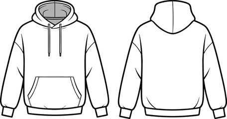 Hoodie CAD drawing flat vector illustration, front back view sweatshirt template, technical fashion apparel design outline mockup isolated white background