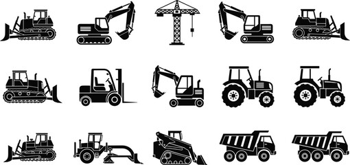 Isometric construction machinery icon set, heavy equipment vehicles collection including excavator, bulldozer, crane, tractor, dump truck for industrial design © SreePoreshChandra