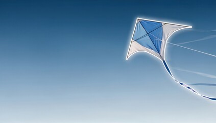 A blue and white kite soars high against a gradient blue sky, symbolizing freedom, joy, and outdoor fun on a bright, breezy day.