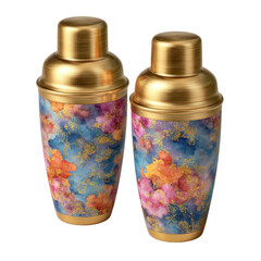 3d illustration of two decorative cocktail shakers with floral pattern isolated on transparent background
